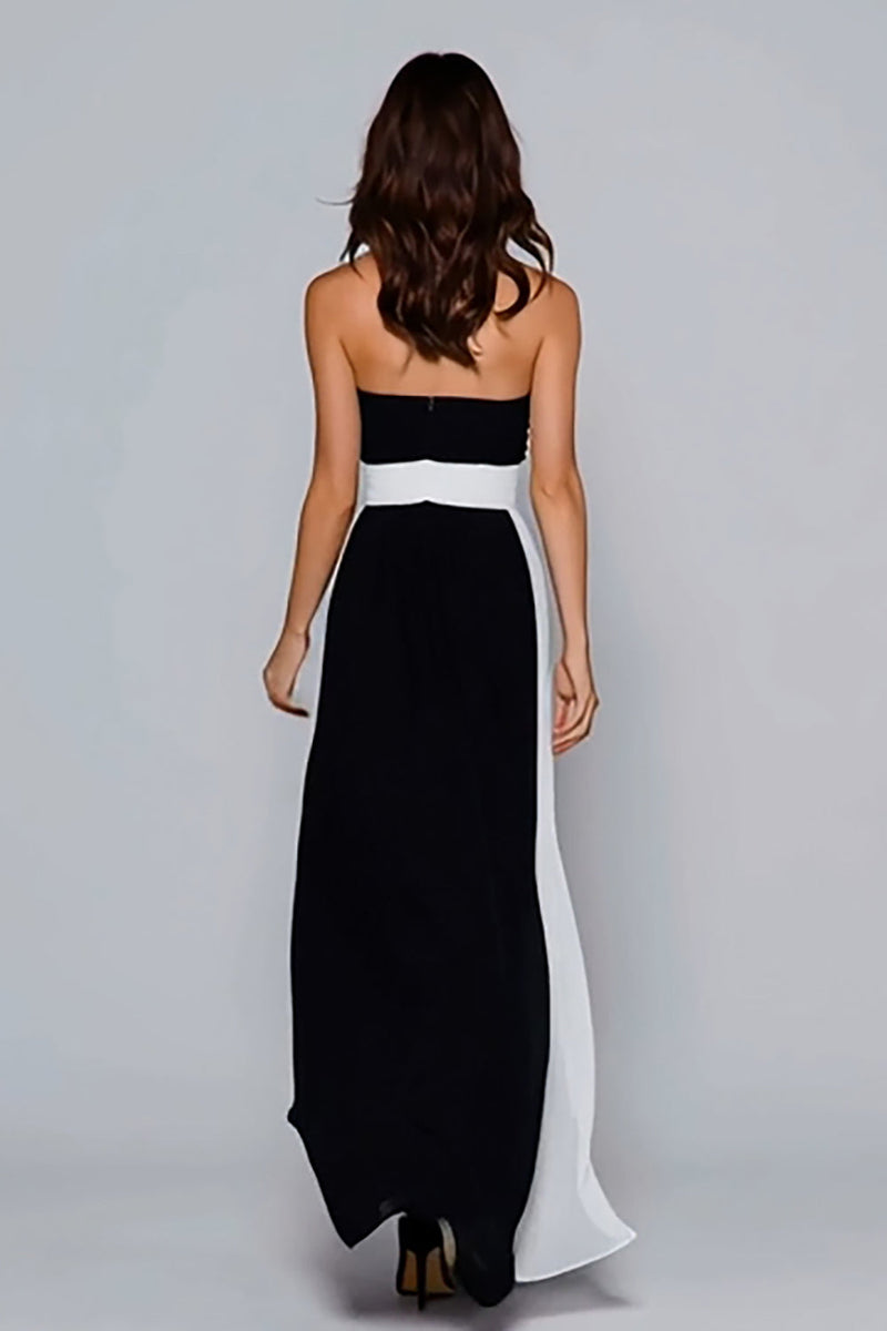 Load image into Gallery viewer, Black and White Chiffon Strapless Sheath Ruched Long Formal Dress
