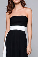 Load image into Gallery viewer, Black and White Chiffon Strapless Sheath Ruched Long Formal Dress