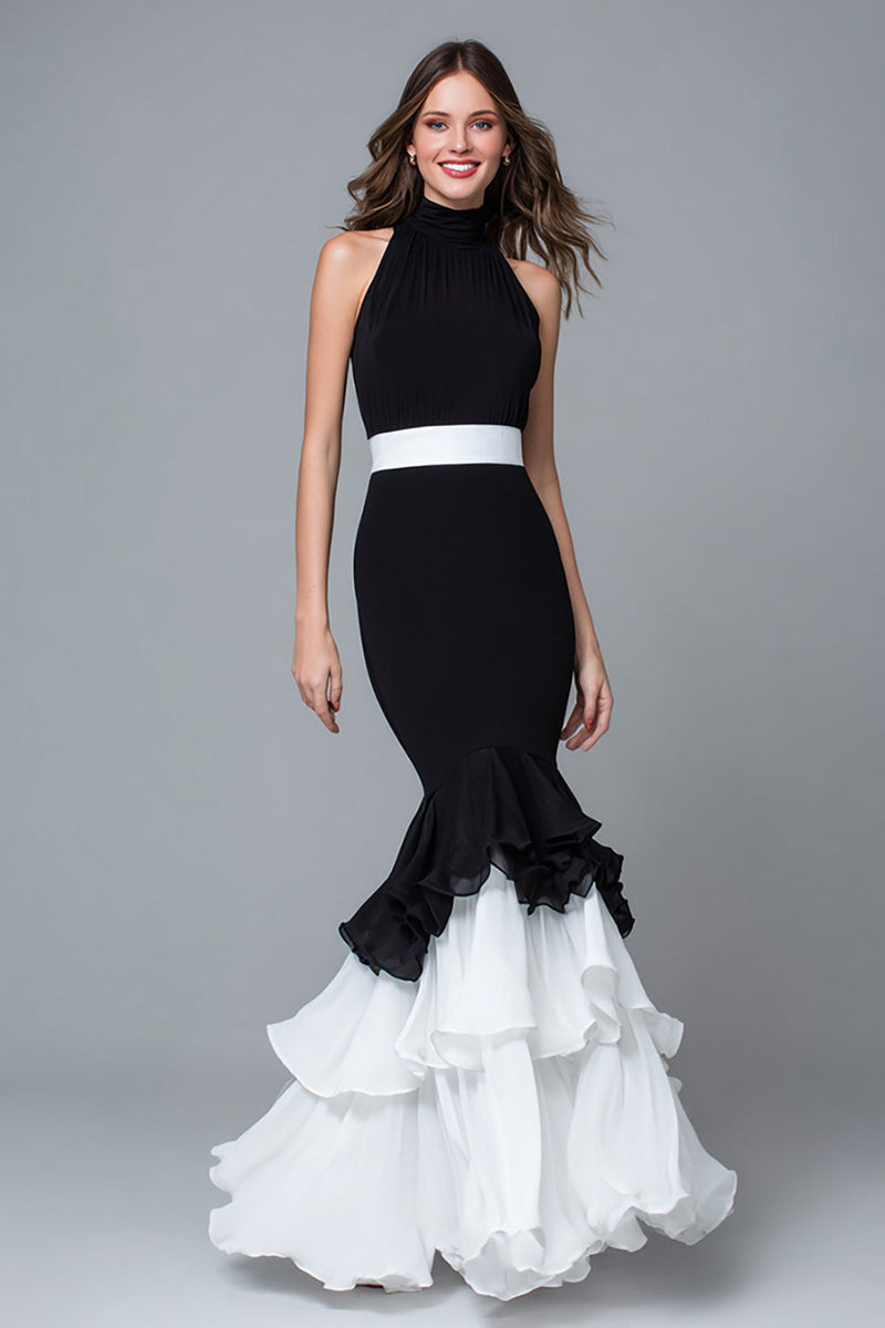 Load image into Gallery viewer, Black and White Mermaid High Neck Long Formal Dress with Ruffles