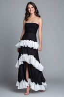 Load image into Gallery viewer, Black and White Sheath Ruffled Strapless Long Formal Dress with Slit