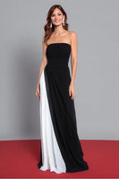 Load image into Gallery viewer, Black and White Chiffon Sheath Strapless Ruched Long Formal Dress