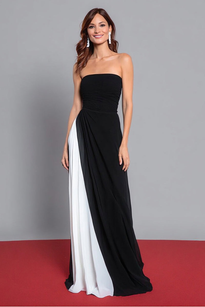 Load image into Gallery viewer, Black and White Chiffon Sheath Strapless Ruched Long Formal Dress