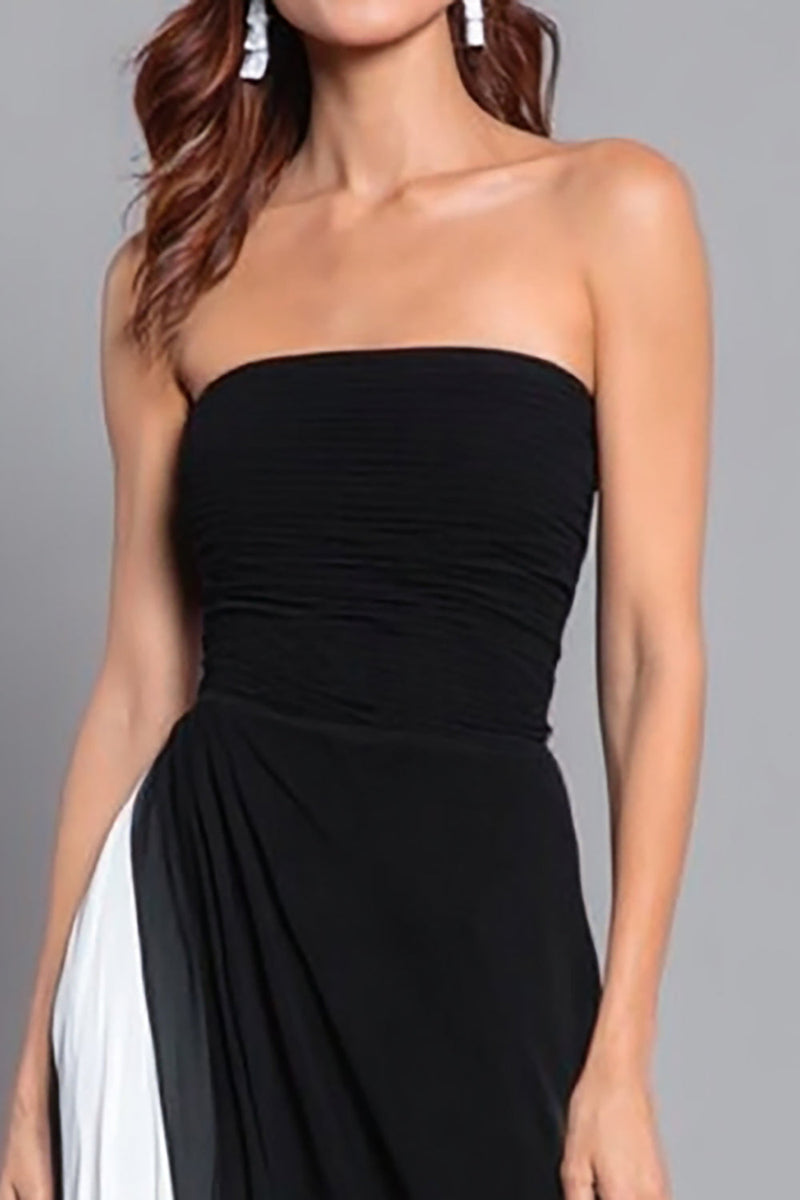 Load image into Gallery viewer, Black and White Chiffon Sheath Strapless Ruched Long Formal Dress