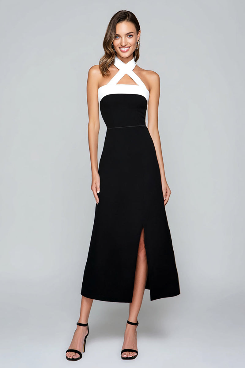 Load image into Gallery viewer, Black and White Chiffon Sheath Halter Long Formal Dress with Slit