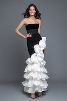 Load image into Gallery viewer, Black and White Chiffon Mermaid Strapless Long Formal Dress with Ruffles