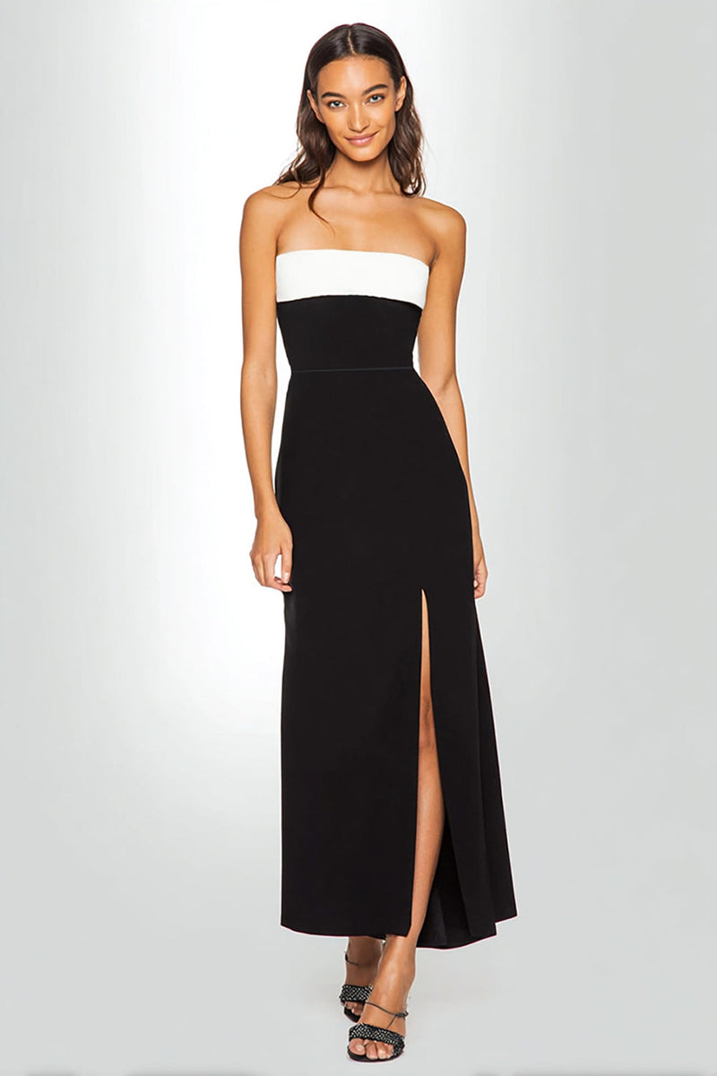 Load image into Gallery viewer, Black and White Sheath Strapless Long Formal Dress with Slit