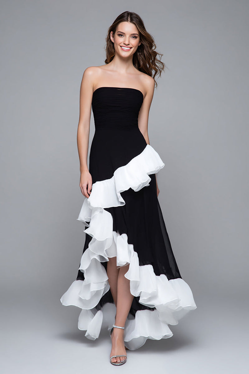 Load image into Gallery viewer, Black and White Chiffon A Line Strapless Long Formal Dress with Ruffles