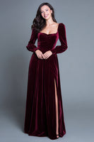 Load image into Gallery viewer, Burgundy A-Line Velvet Long Sleeves Holiday Party Dress with Slit