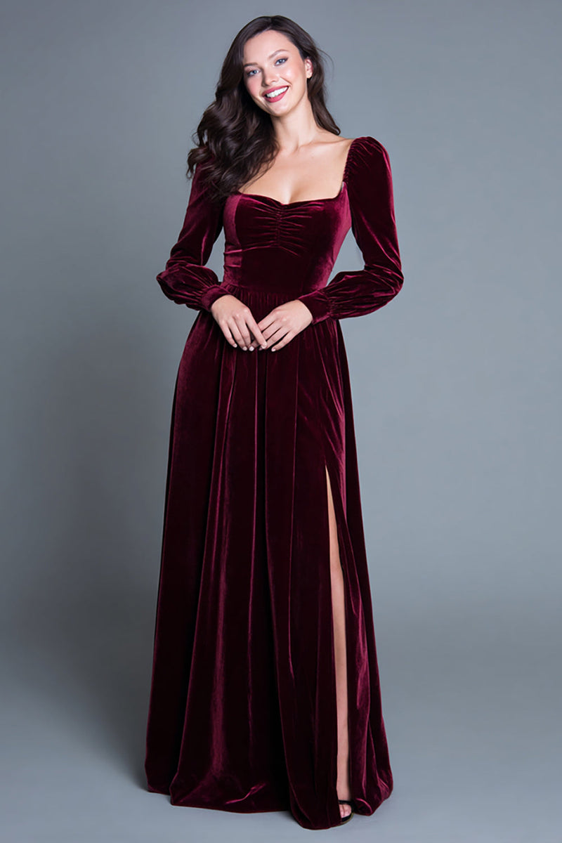 Load image into Gallery viewer, Burgundy A-Line Velvet Long Sleeves Holiday Party Dress with Slit