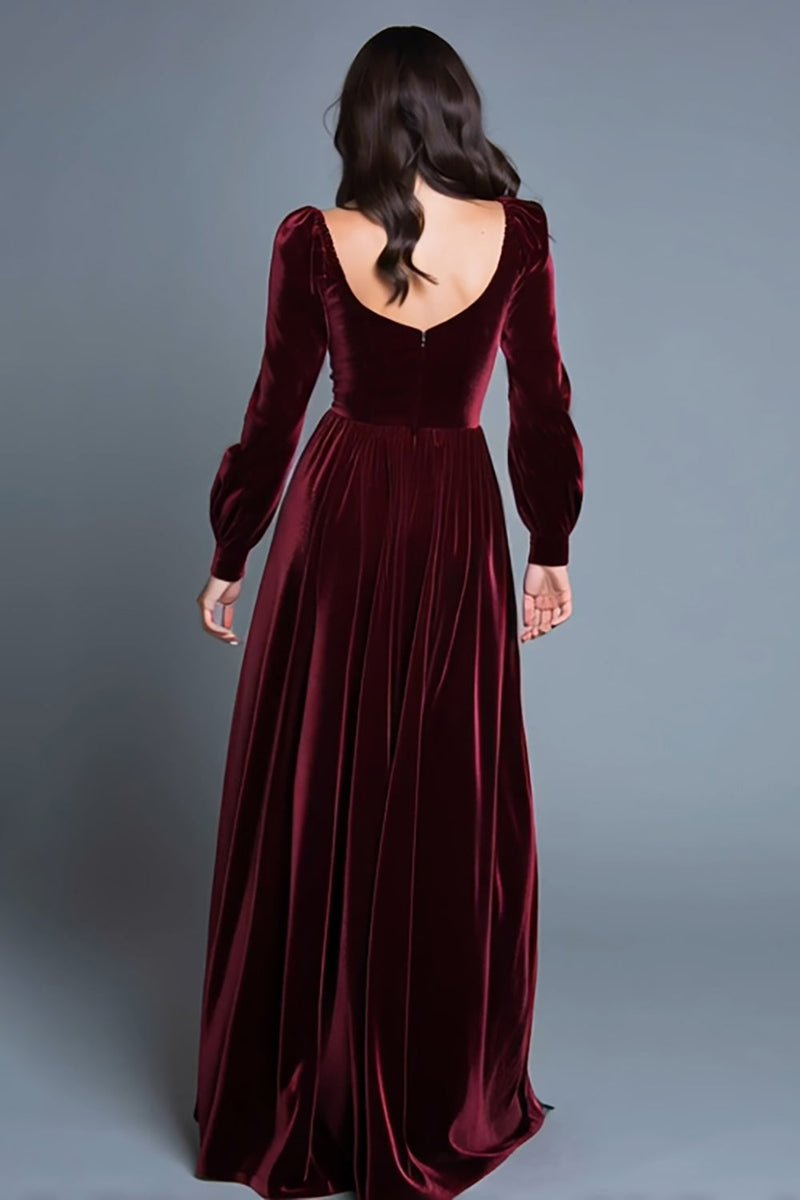 Load image into Gallery viewer, Burgundy A-Line Velvet Long Sleeves Holiday Party Dress with Slit