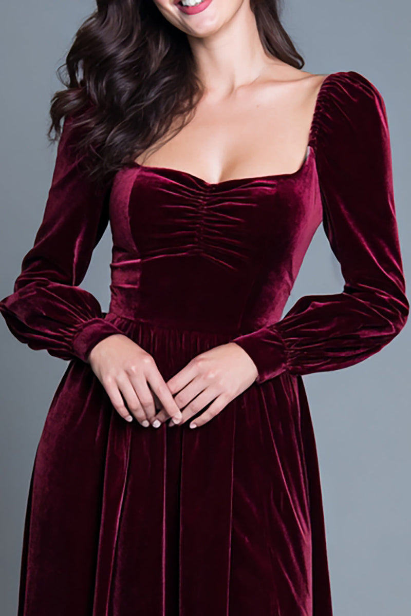 Load image into Gallery viewer, Burgundy A-Line Velvet Long Sleeves Holiday Party Dress with Slit