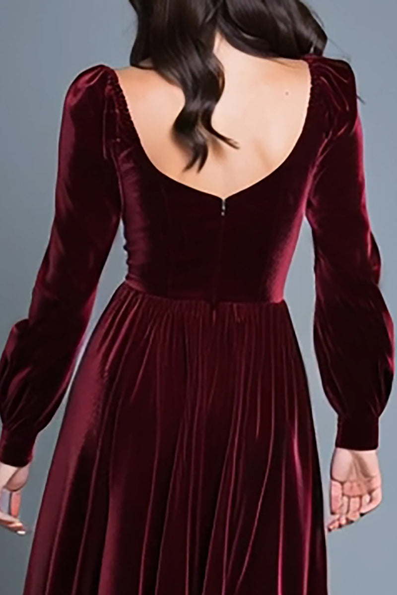 Load image into Gallery viewer, Burgundy A-Line Velvet Long Sleeves Holiday Party Dress with Slit