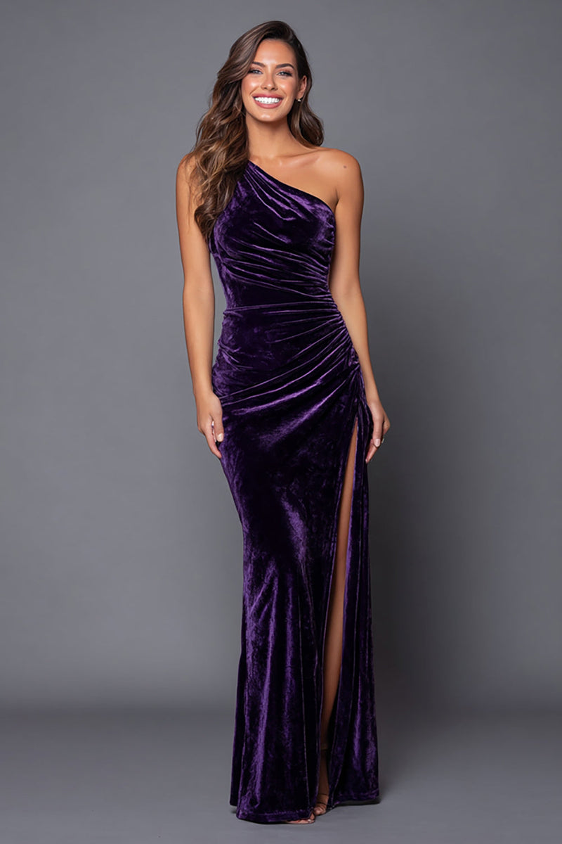 Load image into Gallery viewer, Plum One Shoulder Mermaid Velvet Ruched Long Holiday Party Dress with Slit