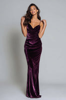 Load image into Gallery viewer, Plum Velvet Spaghetti Straps Mermaid Ruched Long Holiday Party Dress