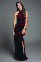 Load image into Gallery viewer, Burgundy Velvet Halter Mermaid Ruched Long Holiday Party Dress with Slit