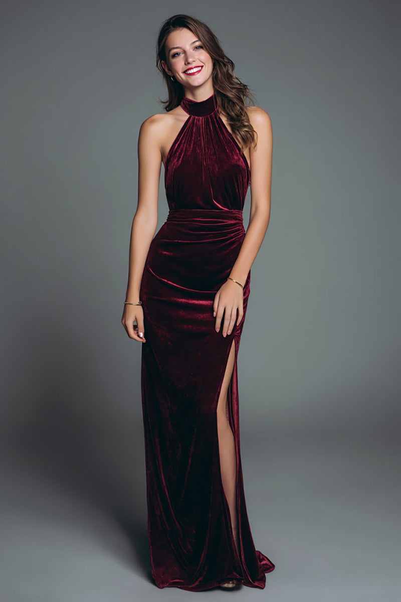 Load image into Gallery viewer, Burgundy Velvet Halter Mermaid Ruched Long Holiday Party Dress with Slit