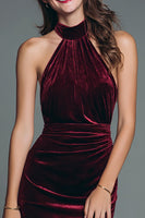 Load image into Gallery viewer, Burgundy Velvet Halter Mermaid Ruched Long Holiday Party Dress with Slit