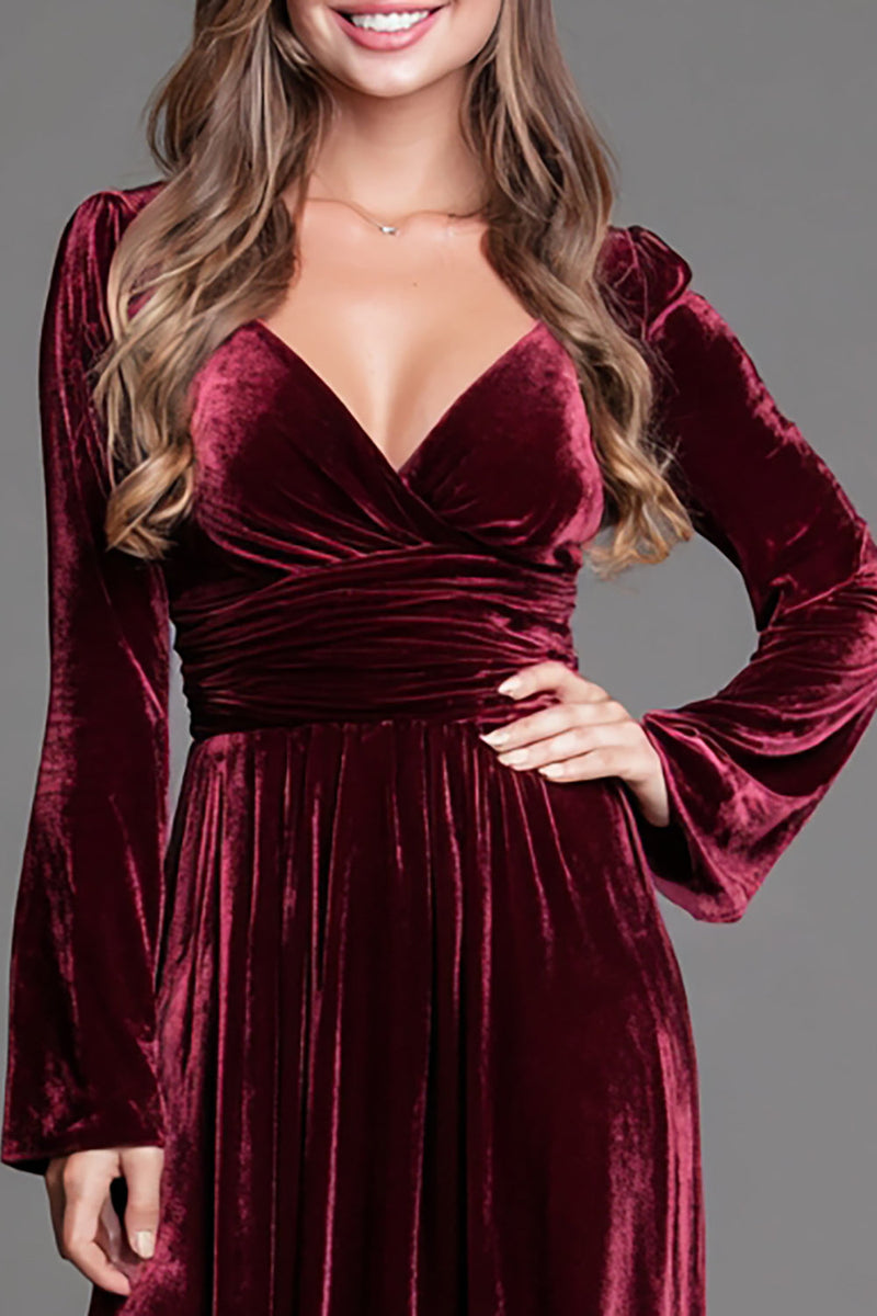 Load image into Gallery viewer, Burgundy Velvet A-Line V-Neck Long Sleeves Holiday Party Dress