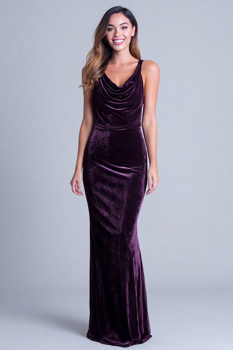 Load image into Gallery viewer, Plum Cowl Neck Mermaid Velvet Ruched Long Holiday Party Dress