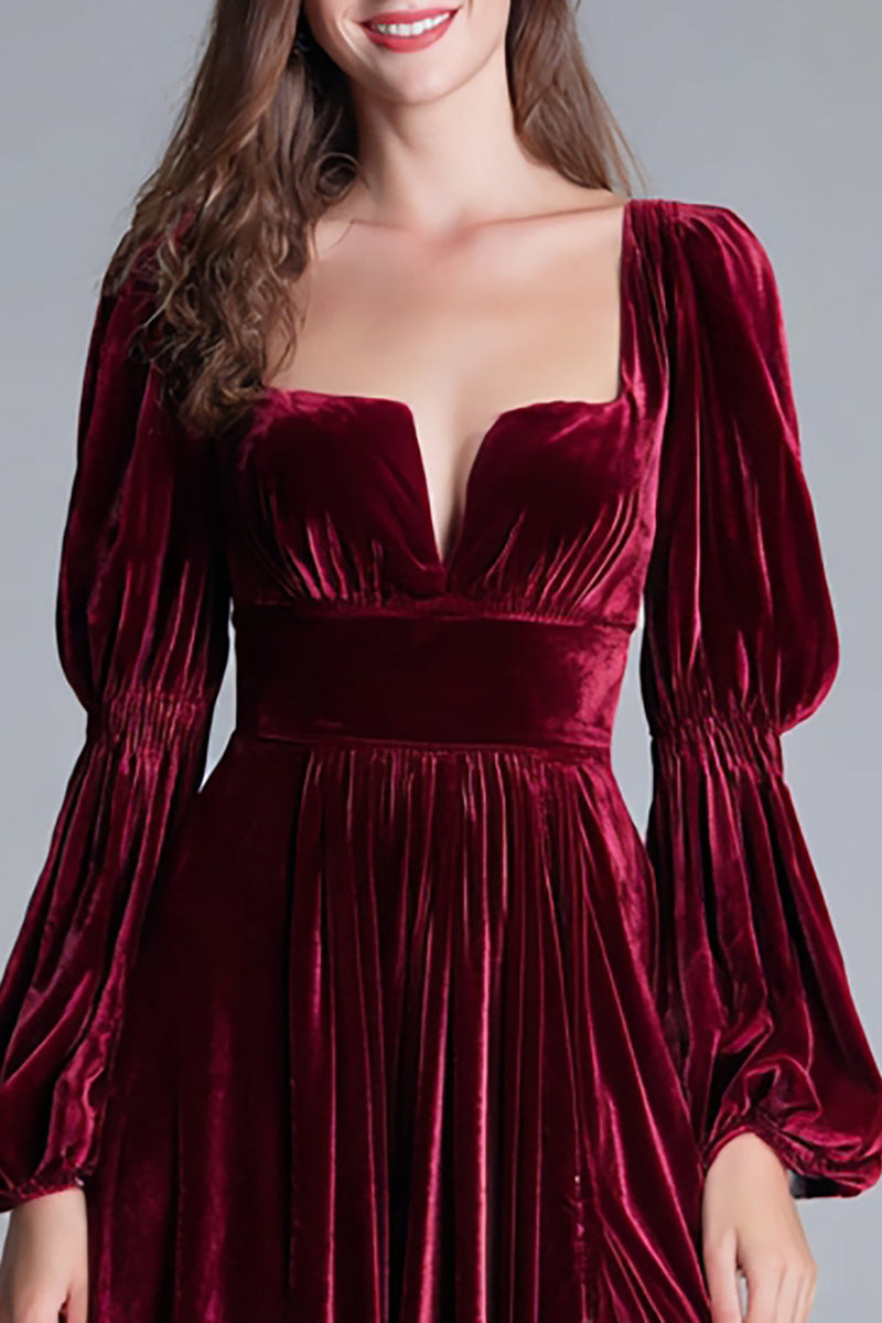 Load image into Gallery viewer, Burgundy Velvet A-Line Puff Sleeves Long Holiday Party Dress with Slit