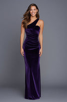 Load image into Gallery viewer, Plum One Shoulder Mermaid Velvet Ruched Long Holiday Party Dress