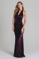 Load image into Gallery viewer, Plum Mermaid Velvet Halter Ruched Long Holiday Party Dress