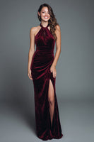 Load image into Gallery viewer, Burgundy Halter Velvet Mermaid Ruched Long Holiday Party Dress with Slit