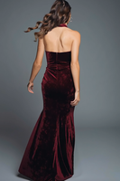 Load image into Gallery viewer, Burgundy Halter Velvet Mermaid Ruched Long Holiday Party Dress with Slit