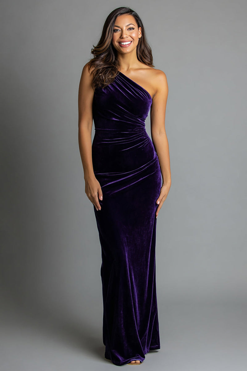 Load image into Gallery viewer, Plum Mermaid One Shoulder Velvet Ruched Long Holiday Party Dress