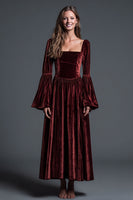 Load image into Gallery viewer, Burgundy Velvet A-Line Square Neck Long Sleeves Holiday Party Dress