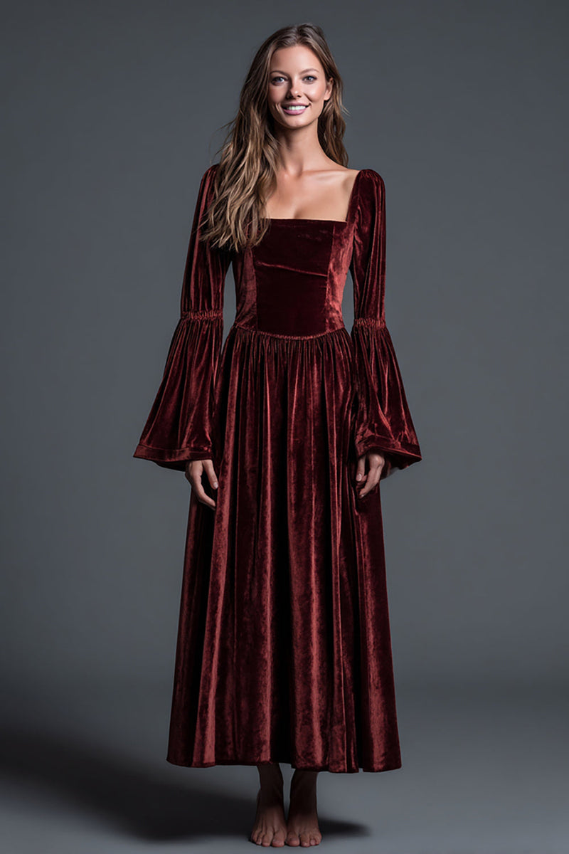 Load image into Gallery viewer, Burgundy Velvet A-Line Square Neck Long Sleeves Holiday Party Dress