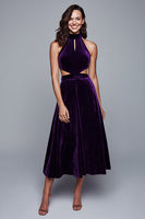 Load image into Gallery viewer, Plum Halter Cut-Out Velvet A-Line Long Holiday Party Dress