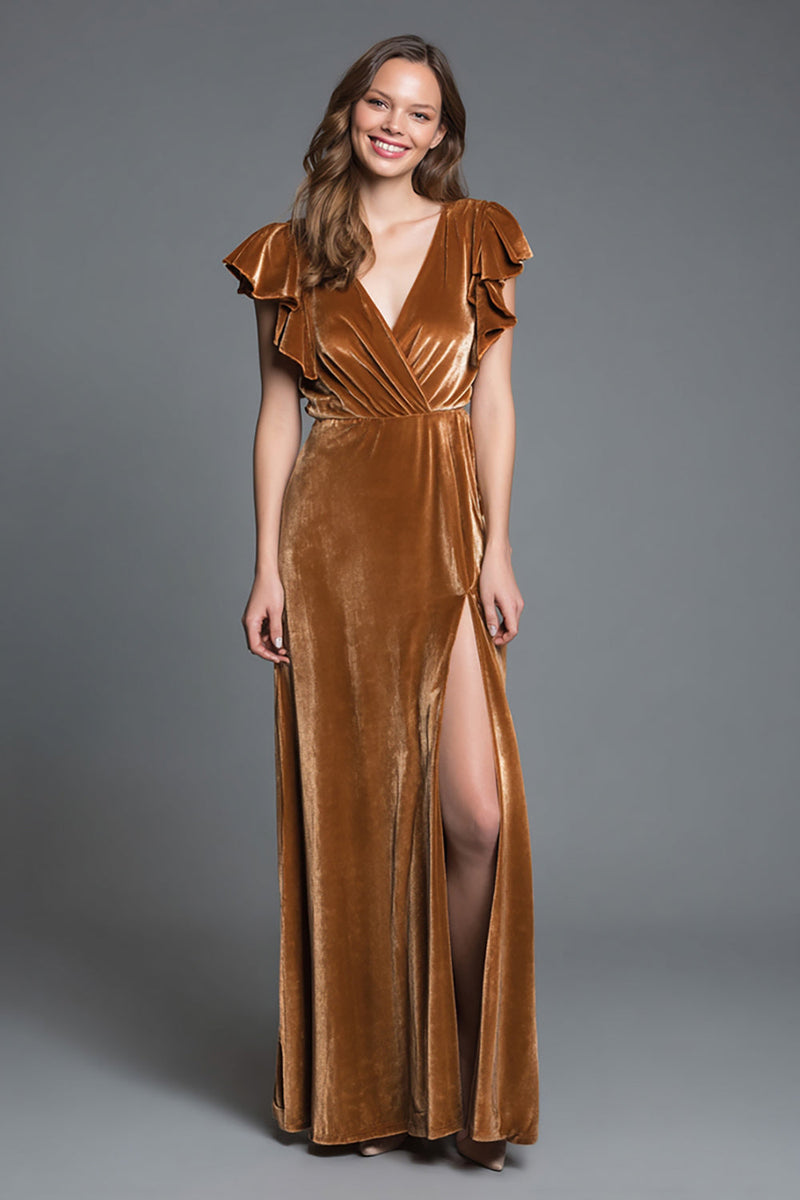 Load image into Gallery viewer, Brown Sheath Velvet V-Neck Long Holiday Party Dress with Slit