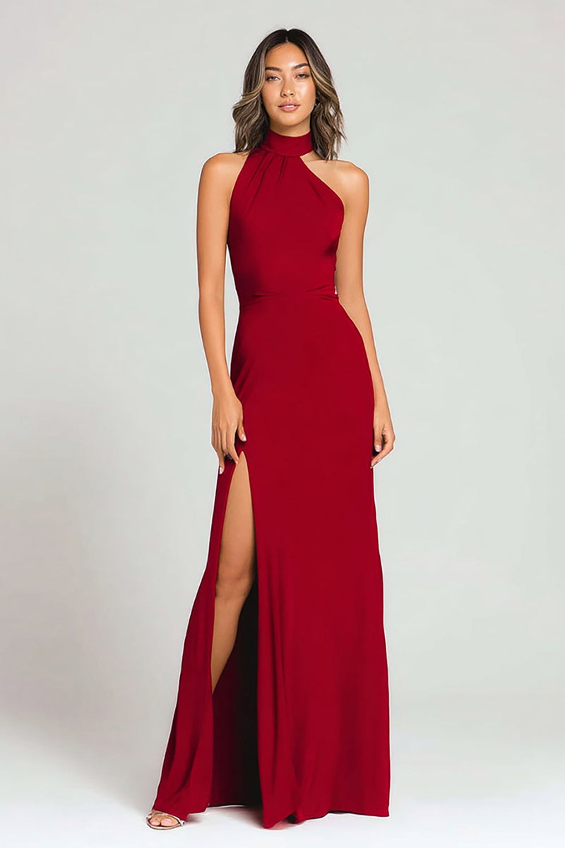 Load image into Gallery viewer, Burgundy Halter Crepe Sheath Long Formal Dress with Slit