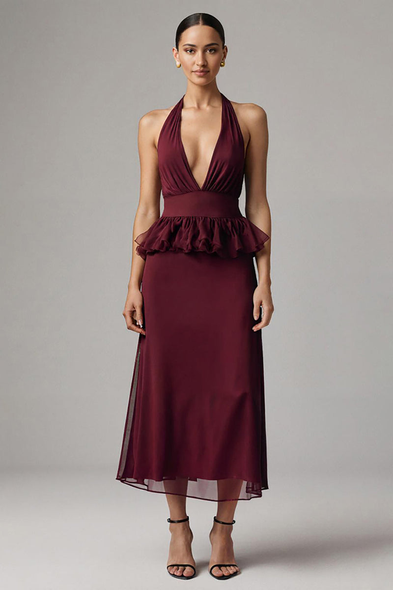 Load image into Gallery viewer, Burgundy Chiffon Halter Sheath Long Formal Dress with Ruffles