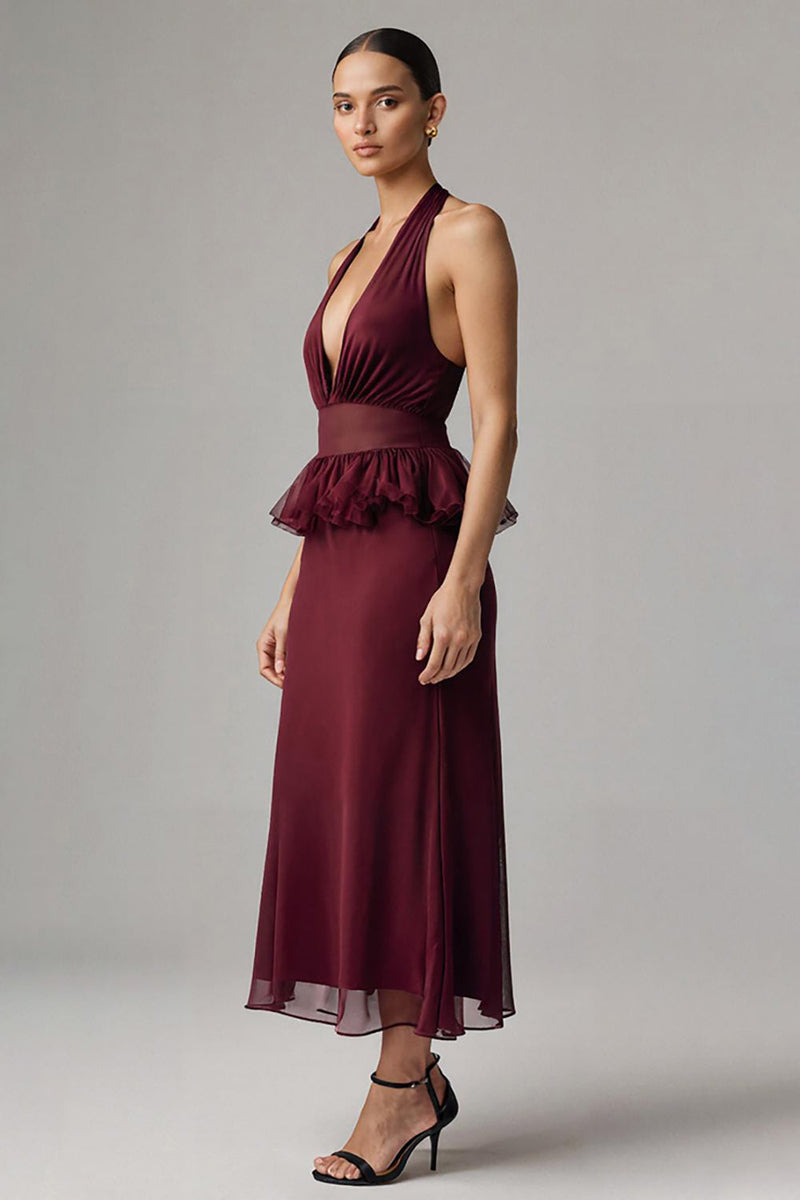 Load image into Gallery viewer, Burgundy Chiffon Halter Sheath Long Formal Dress with Ruffles