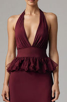 Load image into Gallery viewer, Burgundy Chiffon Halter Sheath Long Formal Dress with Ruffles