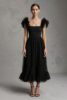 Load image into Gallery viewer, Black A-Line Tulle Square Neck Long Formal Dress with Ruffles