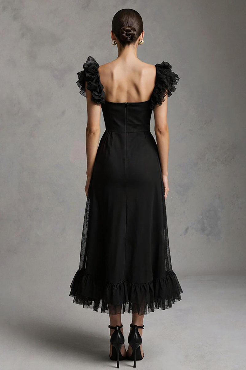 Load image into Gallery viewer, Black A-Line Tulle Square Neck Long Formal Dress with Ruffles