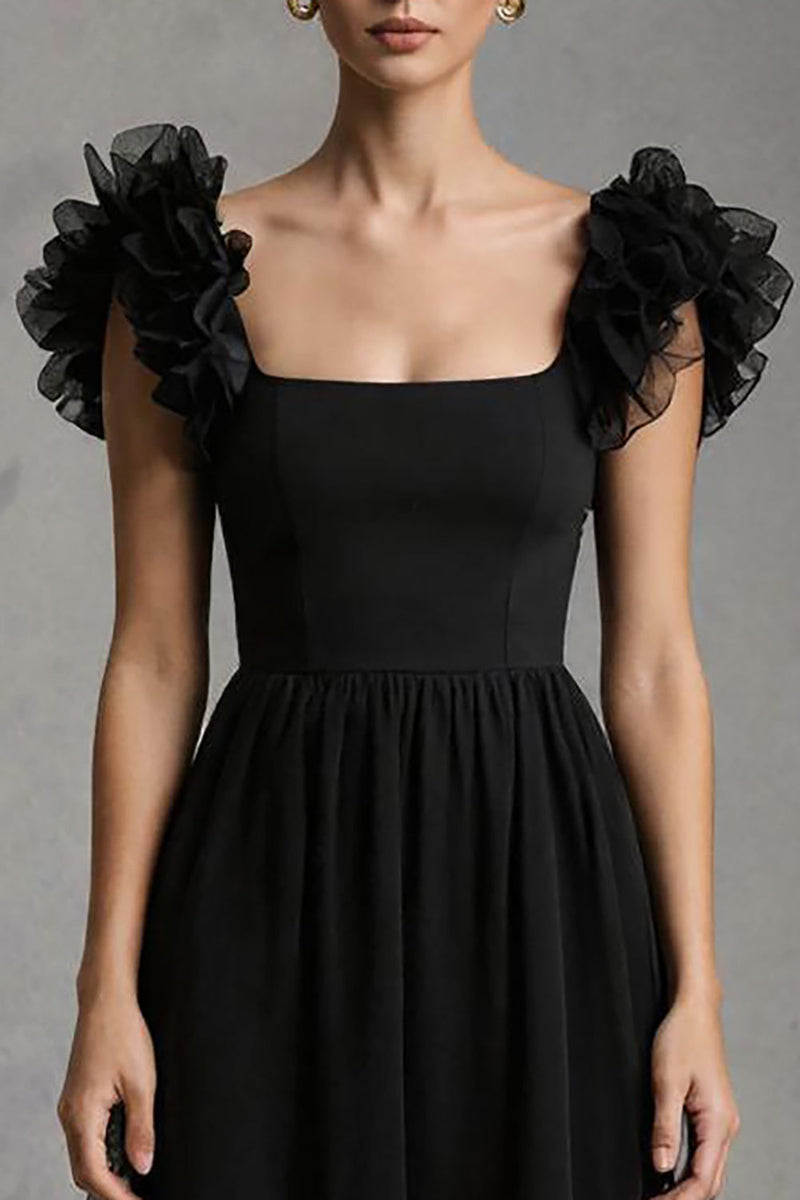 Load image into Gallery viewer, Black A-Line Tulle Square Neck Long Formal Dress with Ruffles