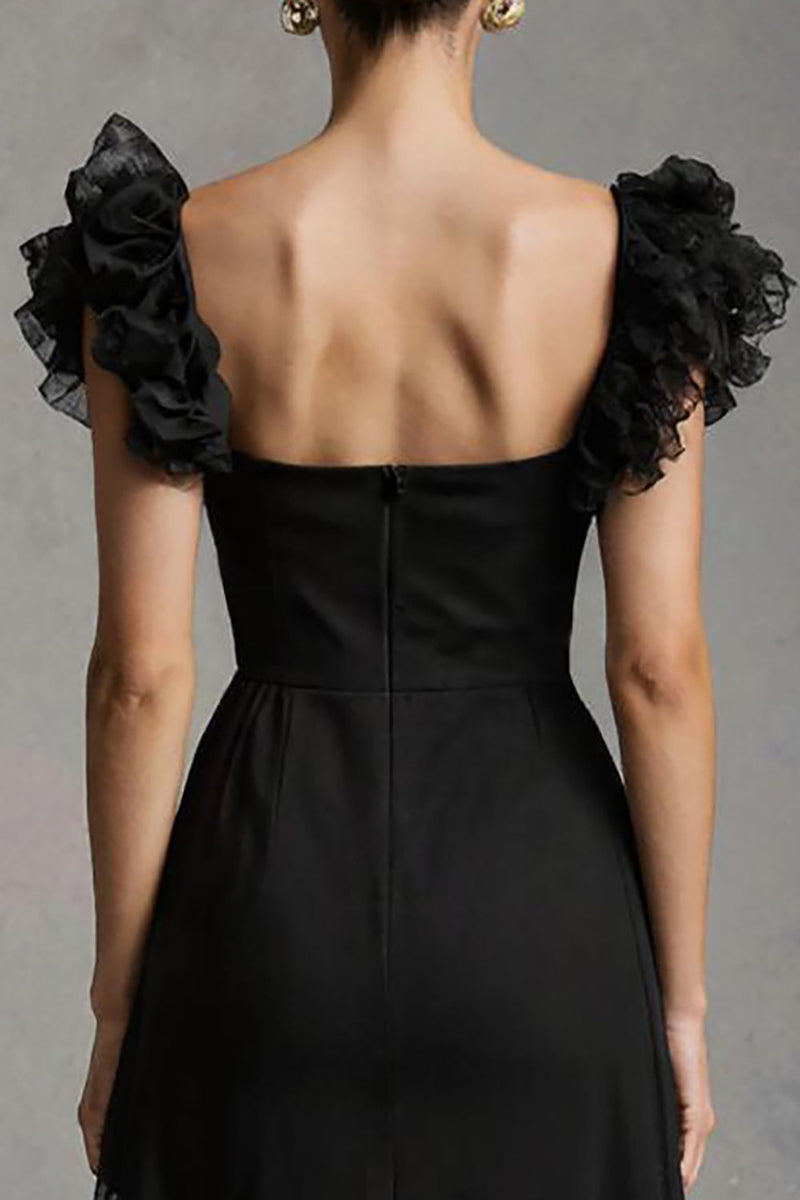 Load image into Gallery viewer, Black A-Line Tulle Square Neck Long Formal Dress with Ruffles