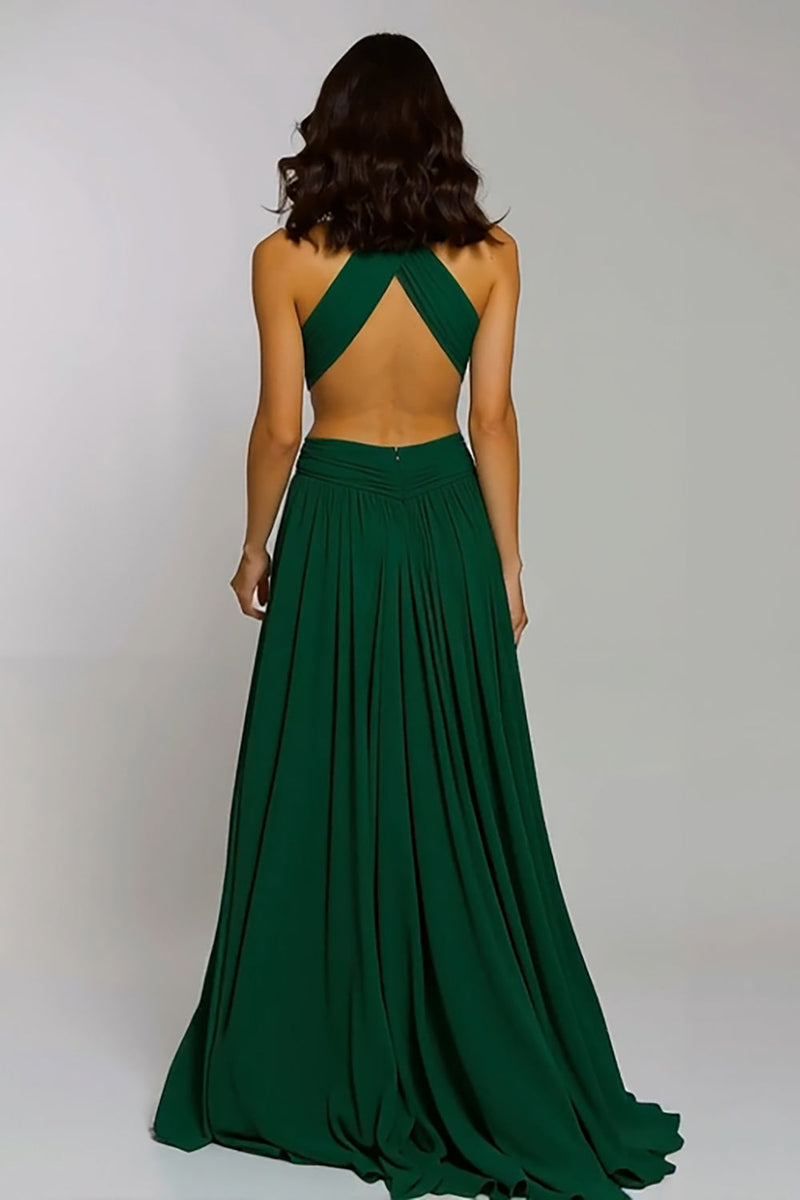 Queendancer Women Dark Green Cut-Out Long Holiday Party Dress Chiffon Halter  A-Line Formal Dress – queendancer