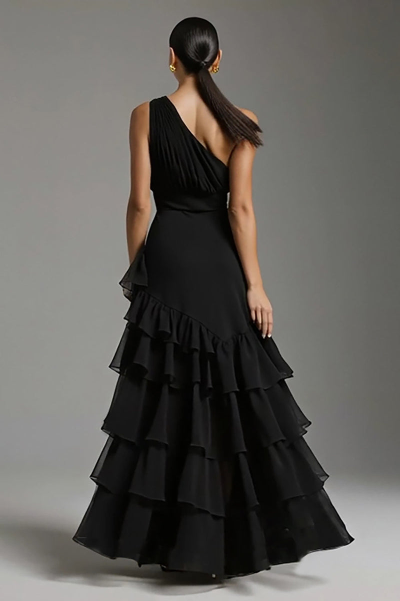 Load image into Gallery viewer, Black Chiffon One Shoulder Ruffled Long Formal Dress with Slit