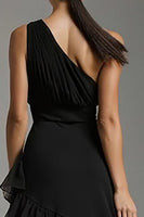 Load image into Gallery viewer, Black Chiffon One Shoulder Ruffled Long Formal Dress with Slit