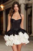 Load image into Gallery viewer, Black and White Satin Halter A-Line Ruffled Short Cocktail Dress