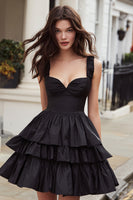 Load image into Gallery viewer, Black Satin Thick Straps A-Line Short Cocktail Dress with Ruffles