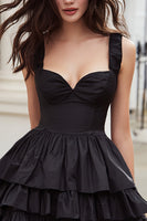 Load image into Gallery viewer, Black Satin Thick Straps A-Line Short Cocktail Dress with Ruffles