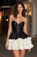 Load image into Gallery viewer, Black and White Satin Sweetheart A-Line Short Cocktail Dress with Ruffles