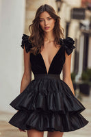 Load image into Gallery viewer, Black Satin Deep V-Neck A-Line Short Cocktail Dress with Ruffles