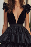 Load image into Gallery viewer, Black Satin Deep V-Neck A-Line Short Cocktail Dress with Ruffles